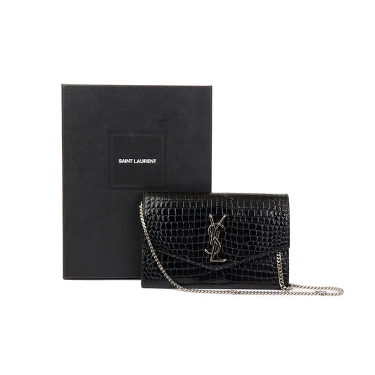 Saint Laurent Crocodile-Embossed Uptown Chain Wallet