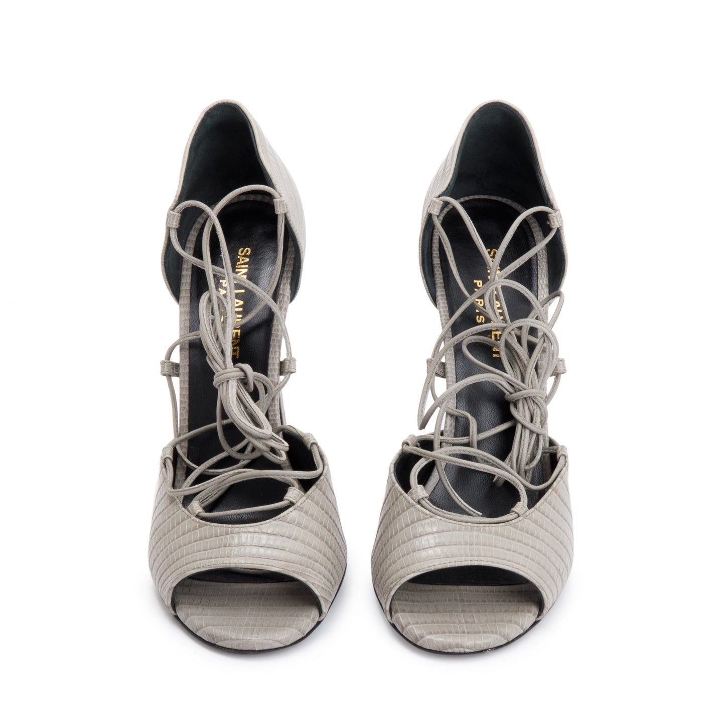 Saint Laurent Grey Croc Embossed Leather Jane Lace Up Sandals, Size 38