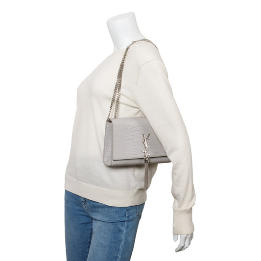 Saint Laurent Grey Crocodile-Embossed Leather Medium Classic Monogram Kate Tassel Chain Bag