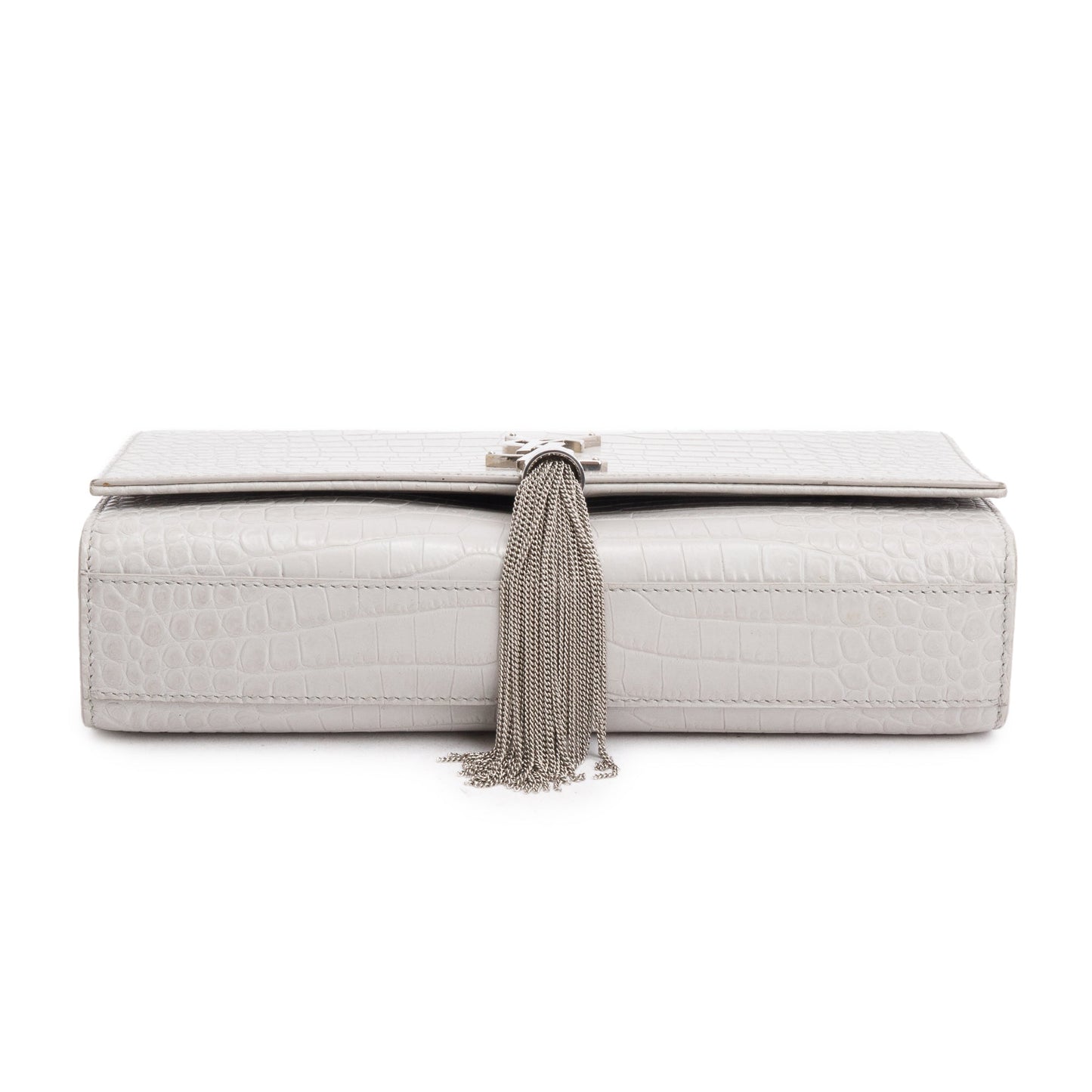 Saint Laurent Grey Crocodile-Embossed Leather Medium Classic Monogram Kate Tassel Chain Bag