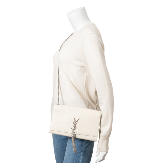 Saint Laurent Ivory Crocodile-Embossed Leather Medium Classic Monogram Kate Tassel Chain Bag