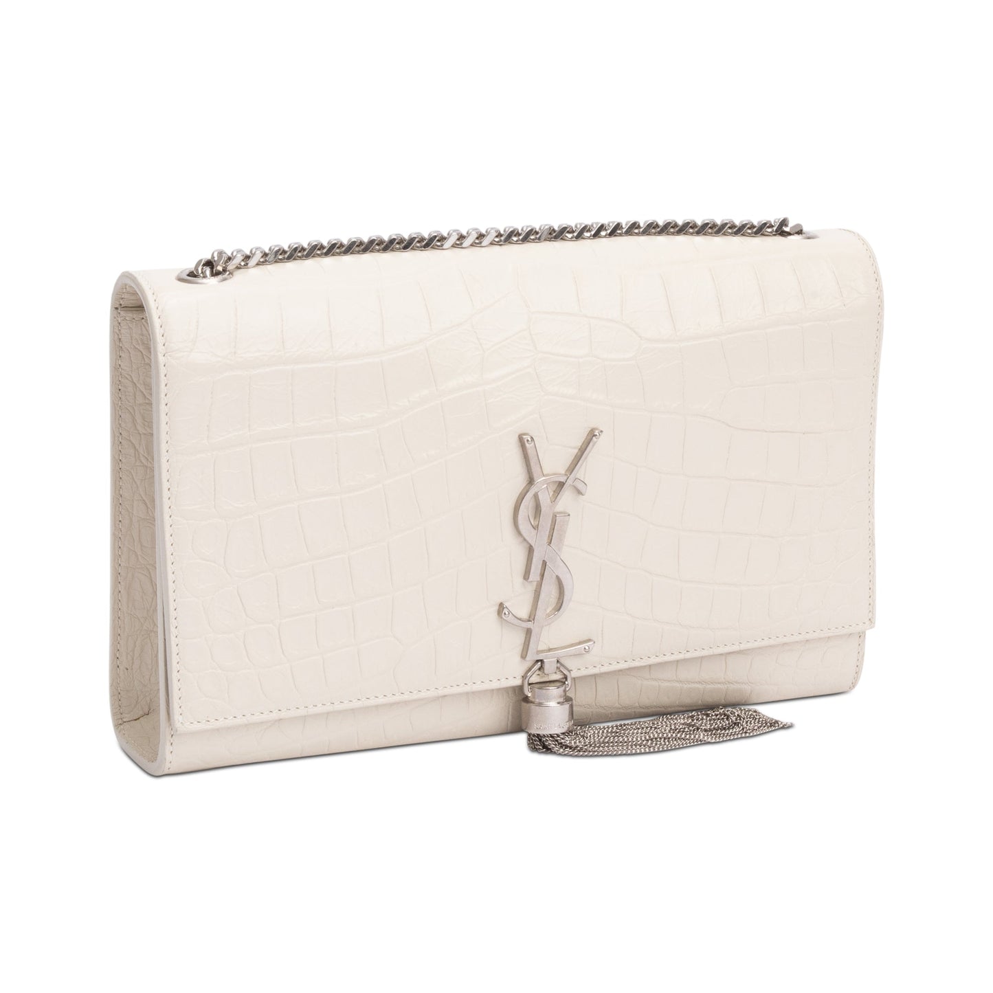 Saint Laurent Ivory Crocodile-Embossed Leather Medium Classic Monogram Kate Tassel Chain Bag