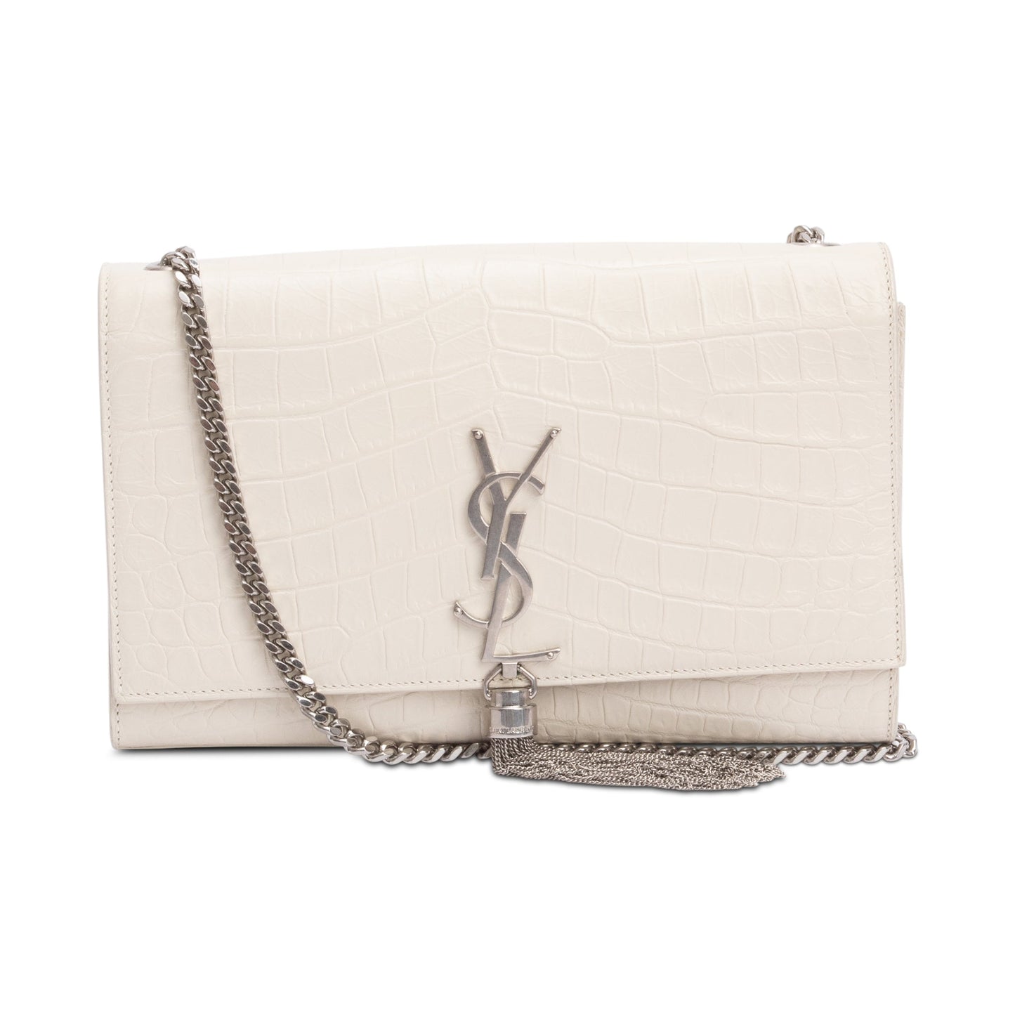 Saint Laurent Ivory Crocodile-Embossed Leather Medium Classic Monogram Kate Tassel Chain Bag