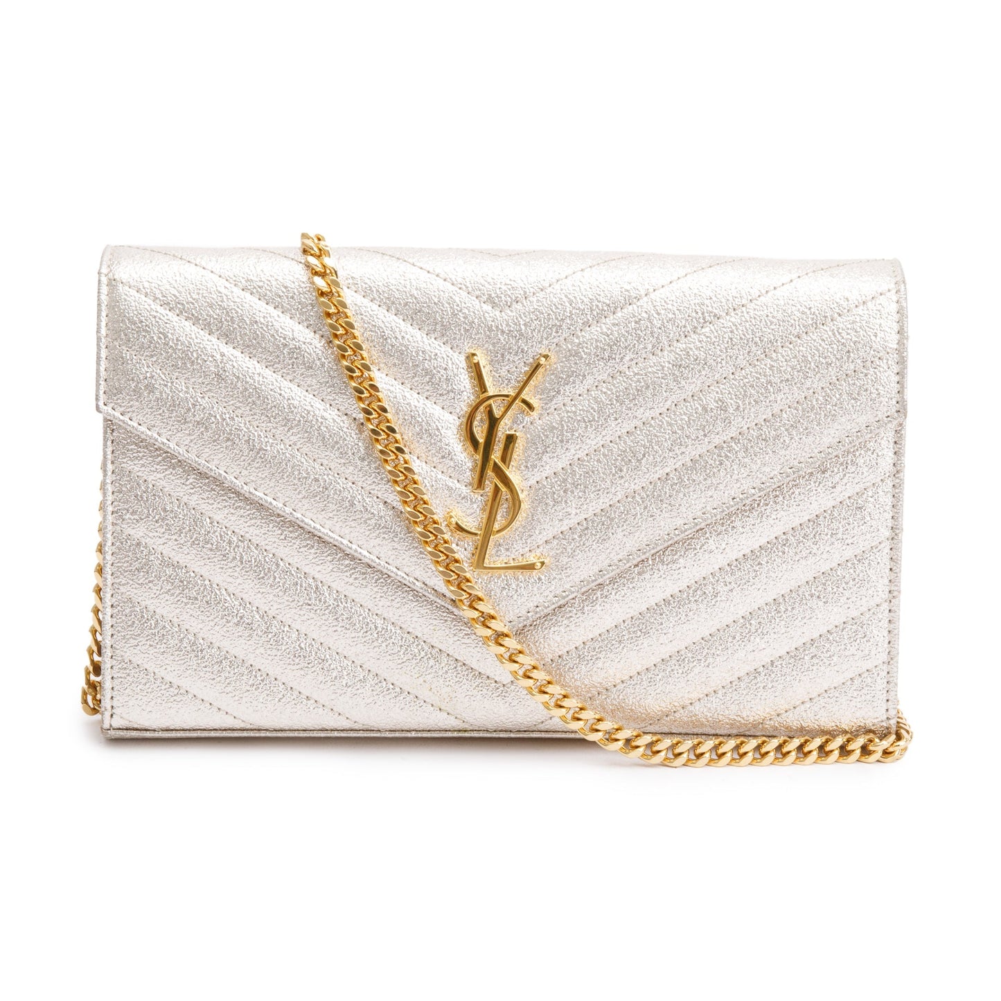 Saint Laurent Metallic Gold Grain De Poudre Leather Cassandre Matelasse Chain Wallet