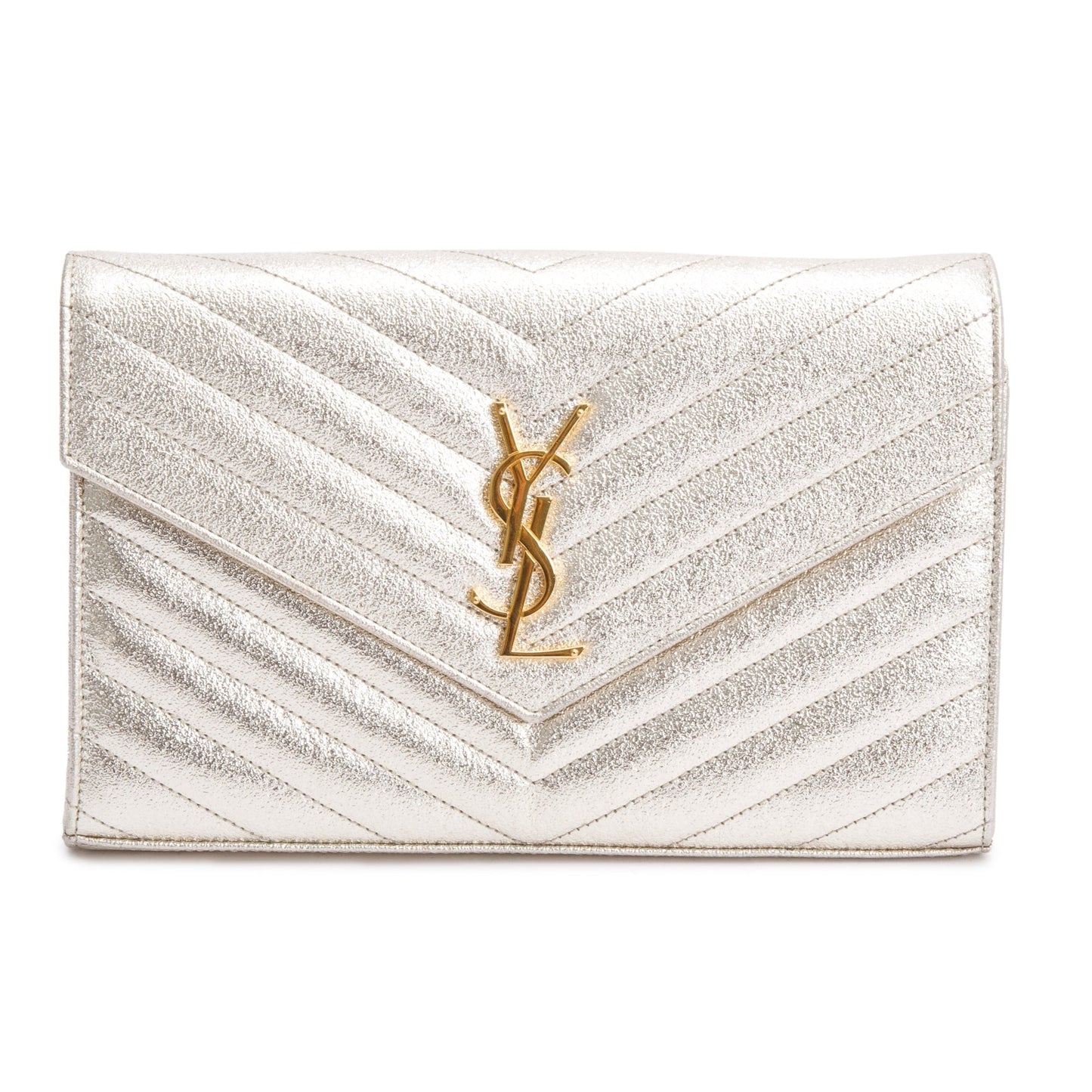 Saint Laurent Metallic Grain De Poudre Leather Cassandre Matelasse Chain Wallet
