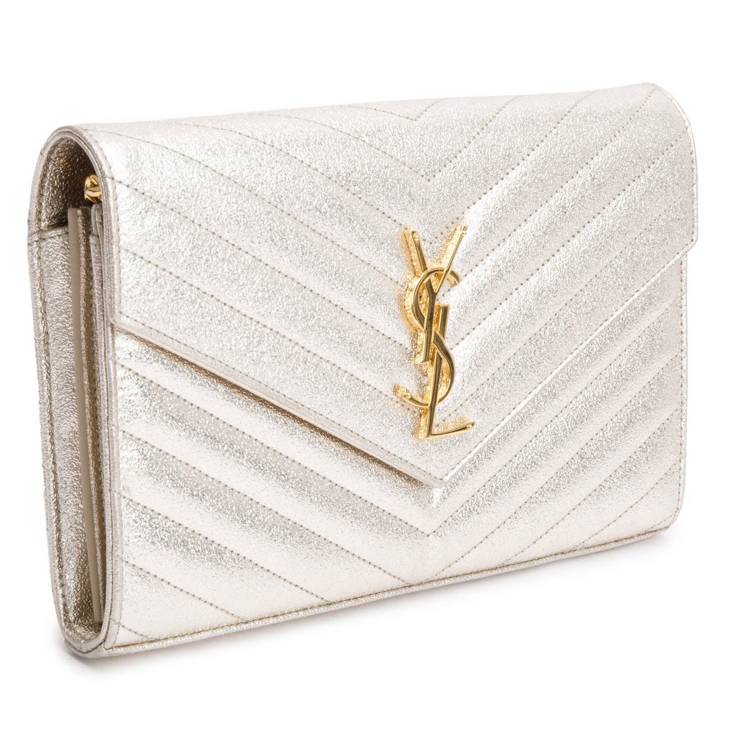 Saint Laurent Metallic Grain De Poudre Leather Cassandre Matelasse Chain Wallet