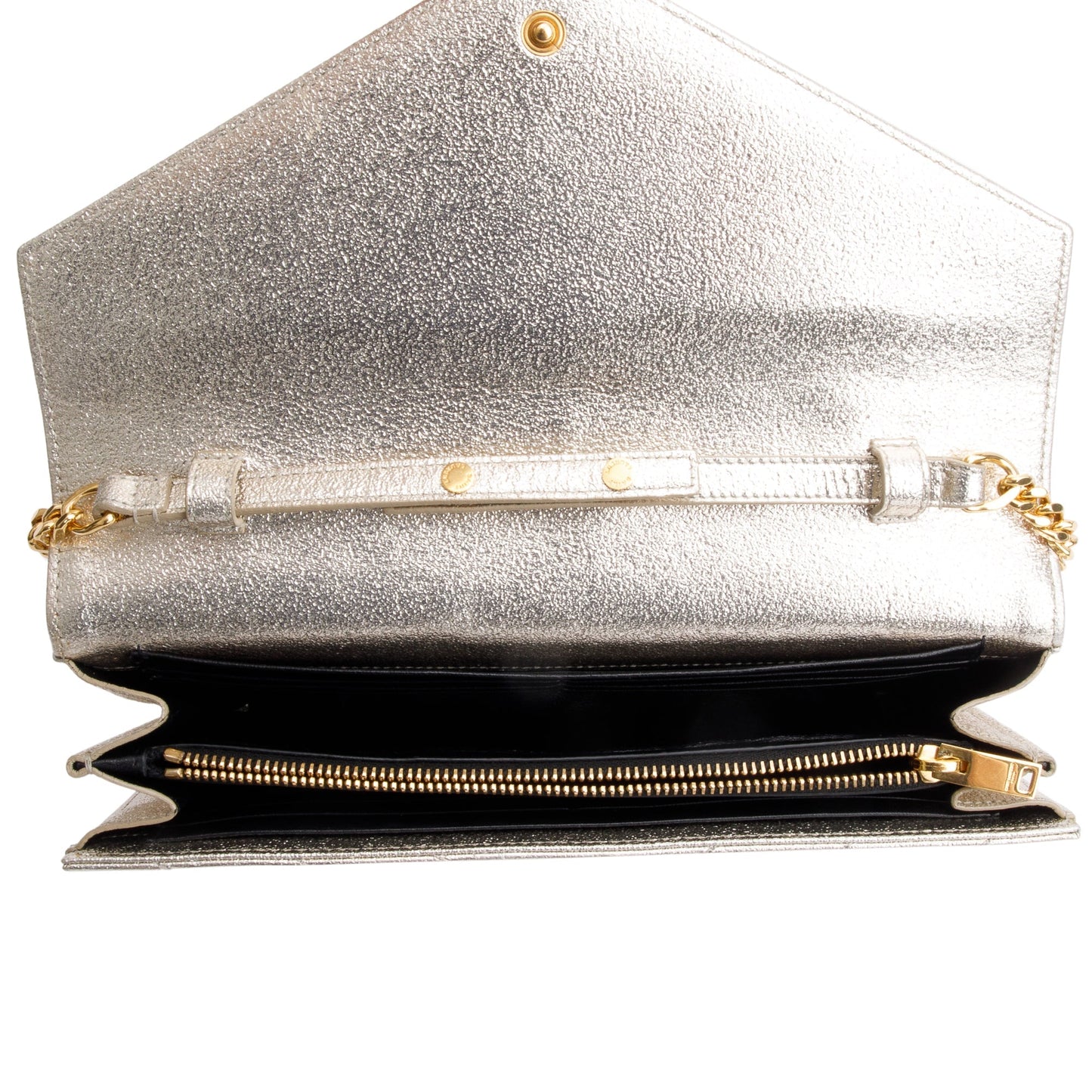 Saint Laurent Metallic Grain De Poudre Leather Cassandre Matelasse Chain Wallet