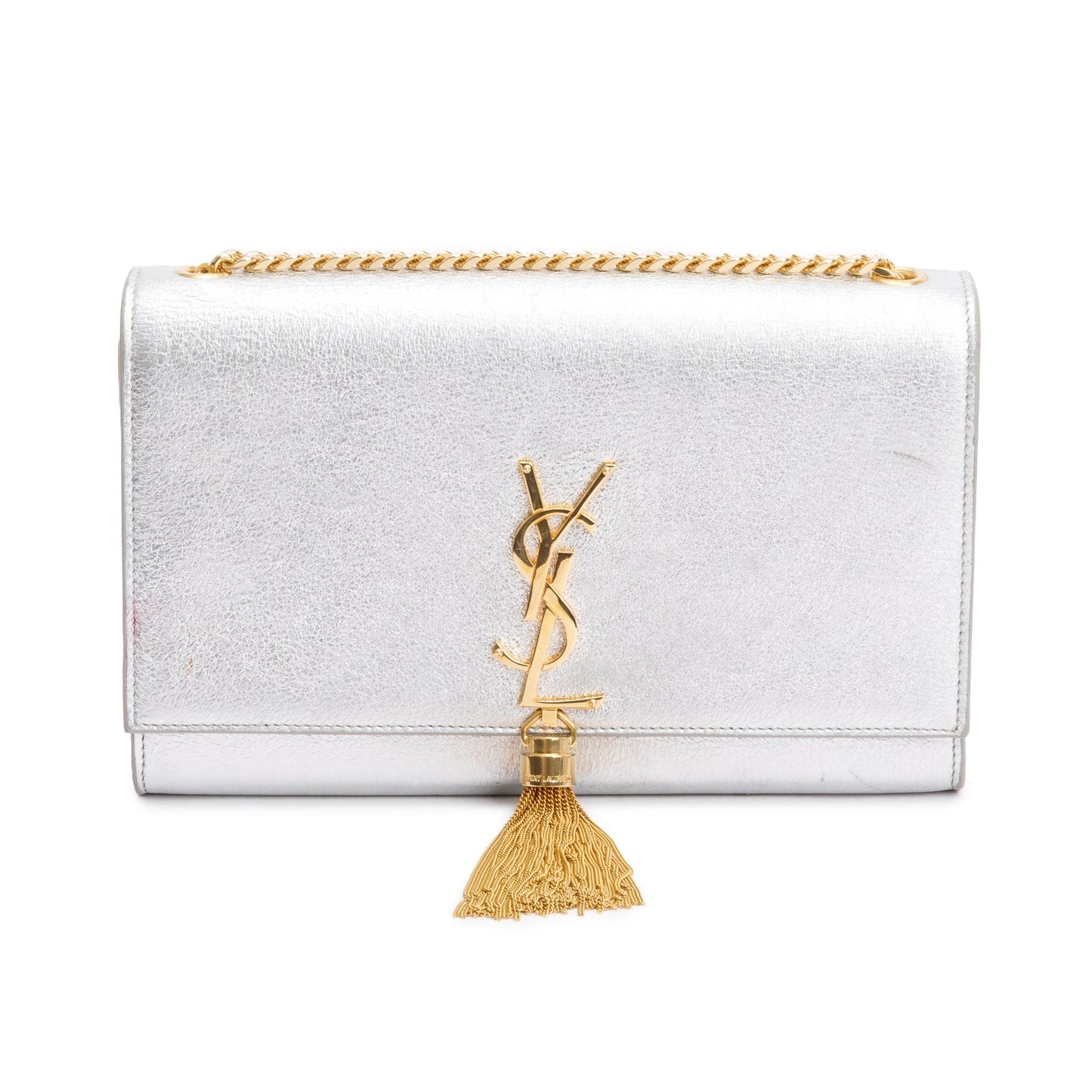 Saint Laurent Metallic Silver Leather Medium Kate Tassel Bag