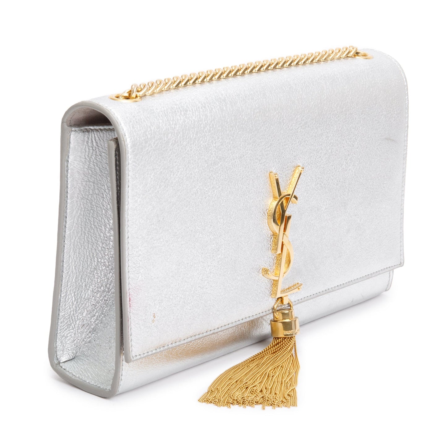 Saint Laurent Metallic Silver Leather Medium Kate Tassel Bag