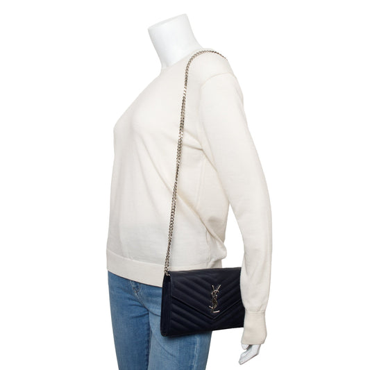 Saint Laurent Navy Grain De Poudre Leather Cassandre Envelope Chain Wallet