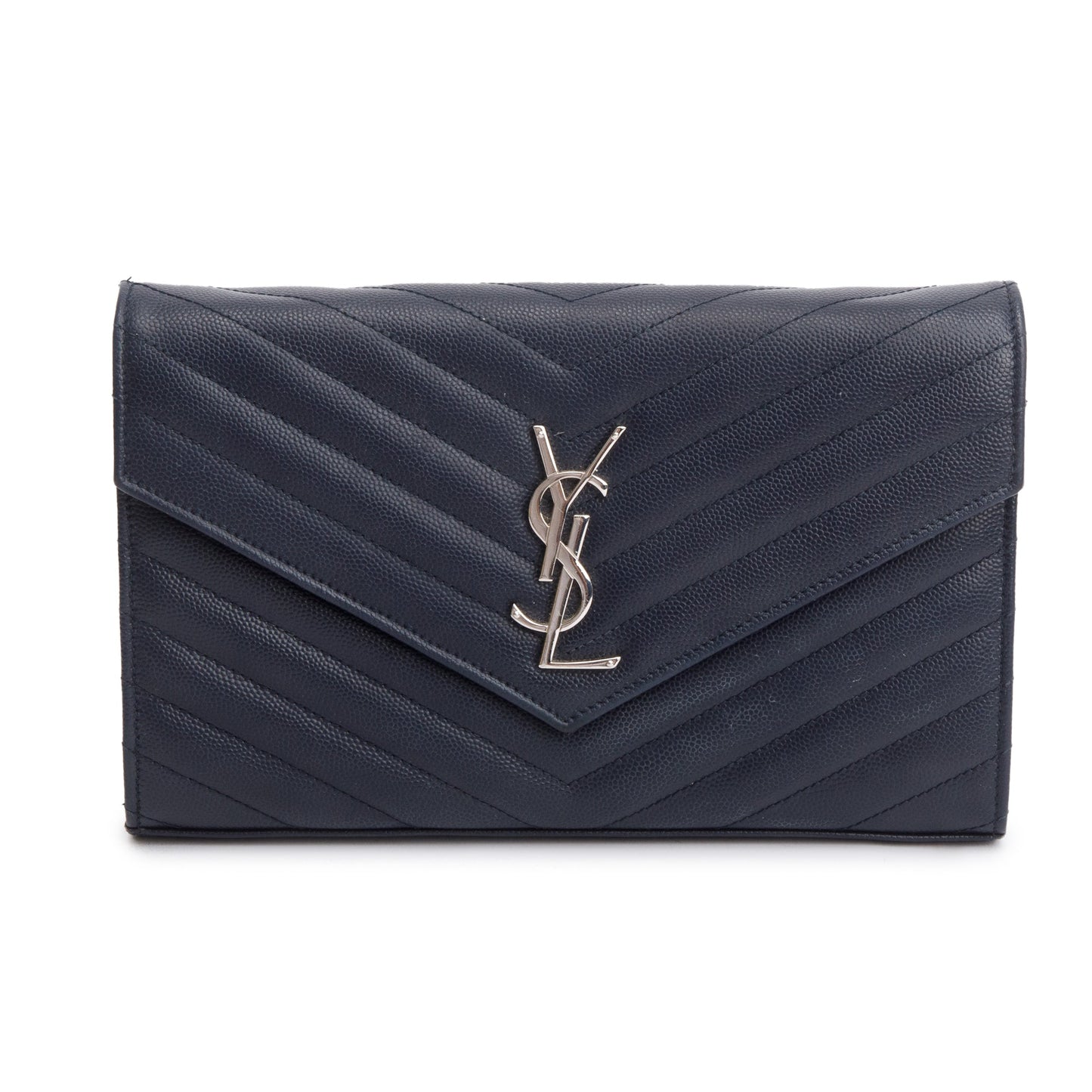 Saint Laurent Navy Grain De Poudre Leather Cassandre Envelope Chain Wallet