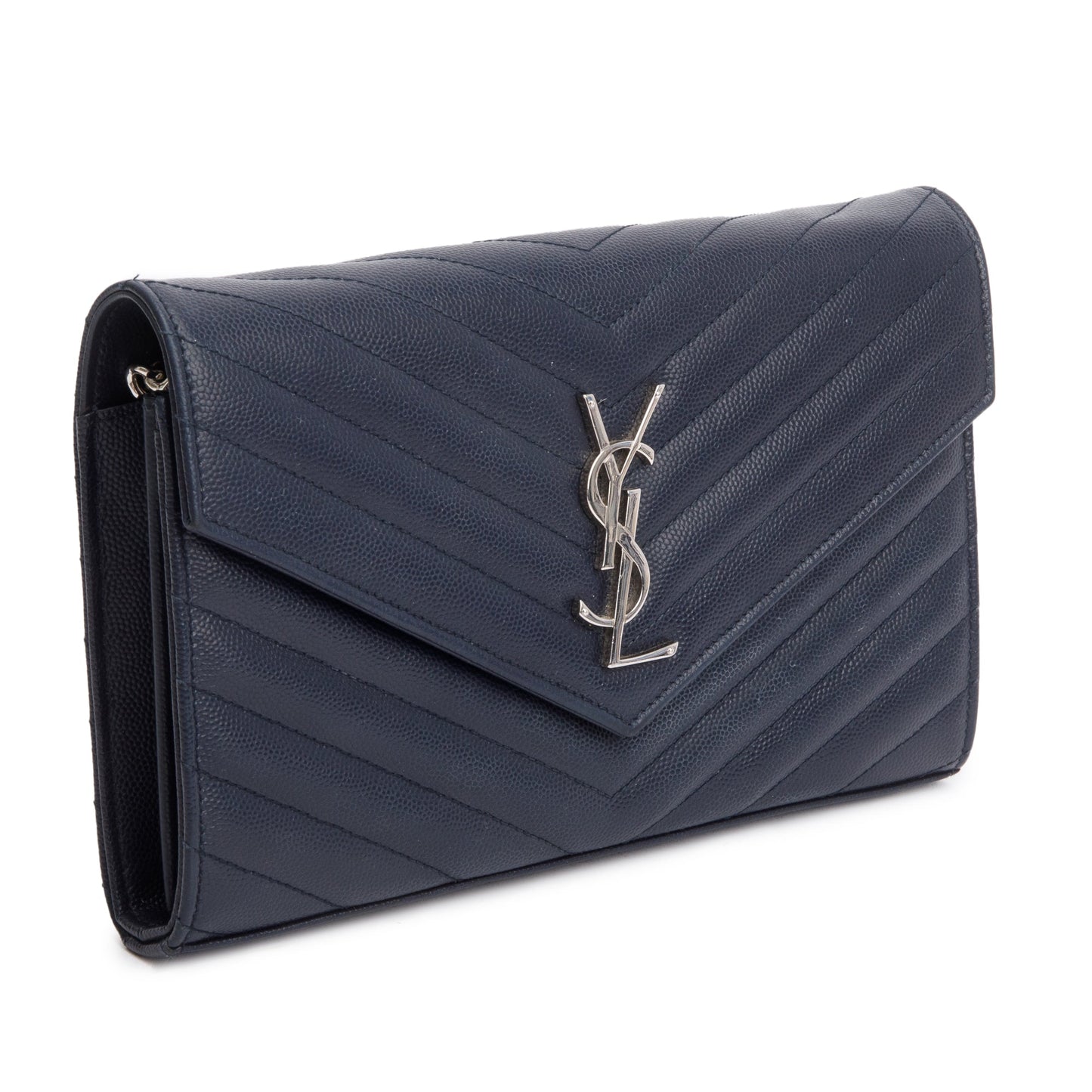 Saint Laurent Navy Grain De Poudre Leather Cassandre Envelope Chain Wallet