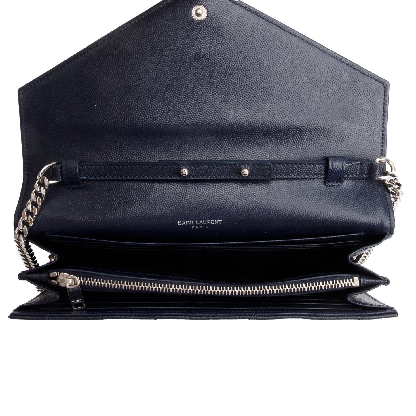 Saint Laurent Navy Grain De Poudre Leather Cassandre Envelope Chain Wallet