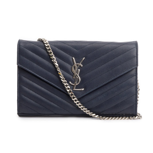 Saint Laurent Navy Grain De Poudre Leather Cassandre Envelope Chain Wallet