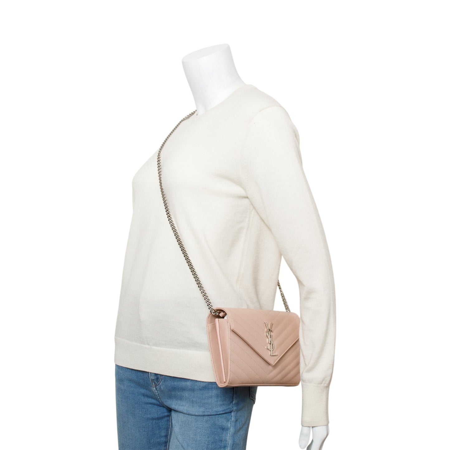 Saint Laurent Pink Grain De Poudre Leather Cassandre Envelope Chain Wallet