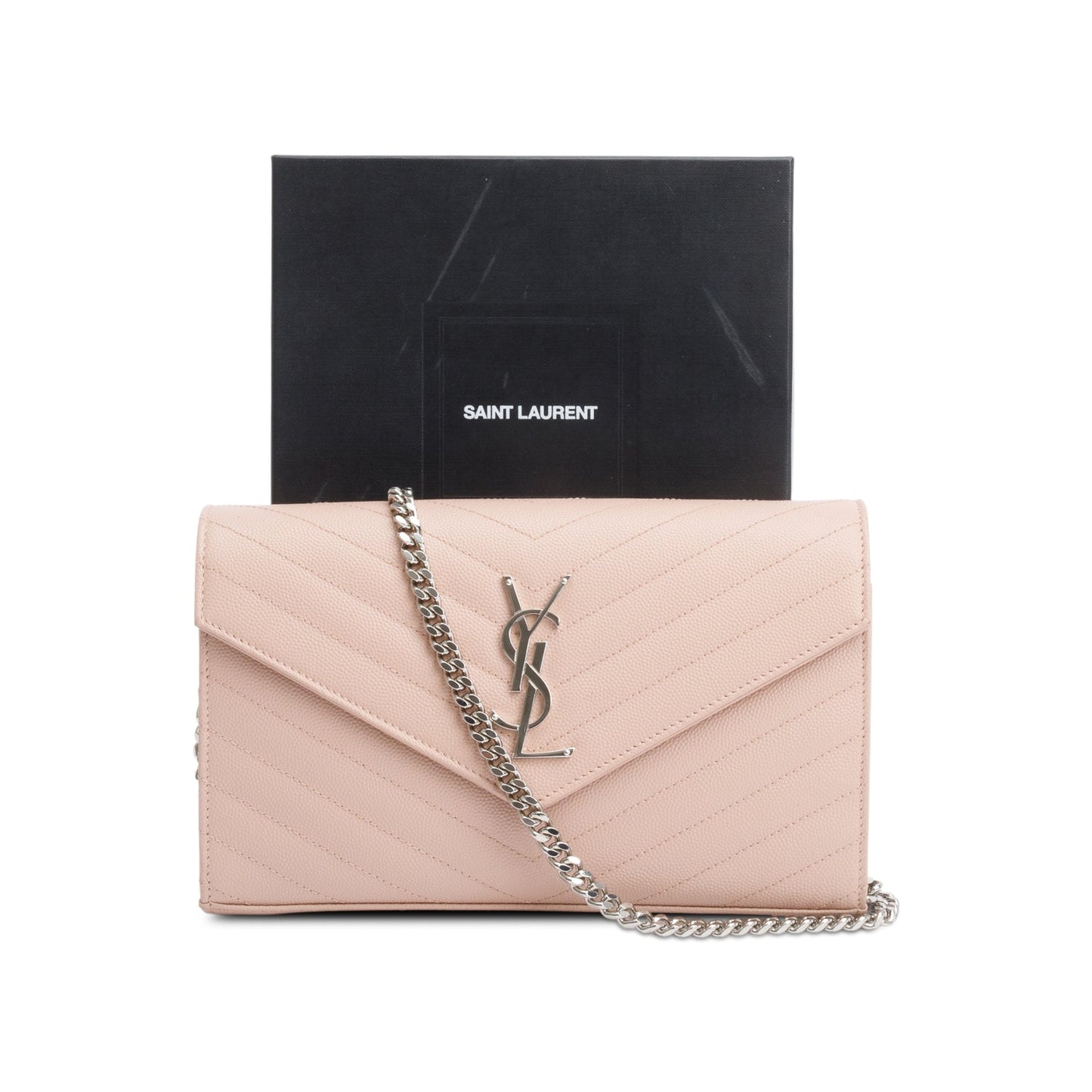 Saint Laurent Pink Grain De Poudre Leather Cassandre Envelope Chain Wallet
