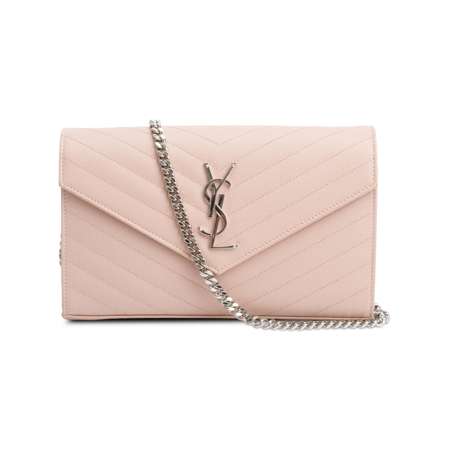 Saint Laurent Pink Grain De Poudre Leather Cassandre Envelope Chain Wallet