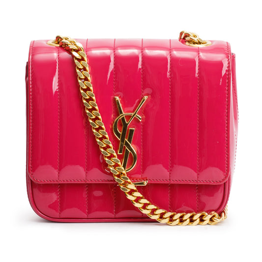 Saint Laurent Pink Patent Leather Small Monogram Vicky Chain Bag