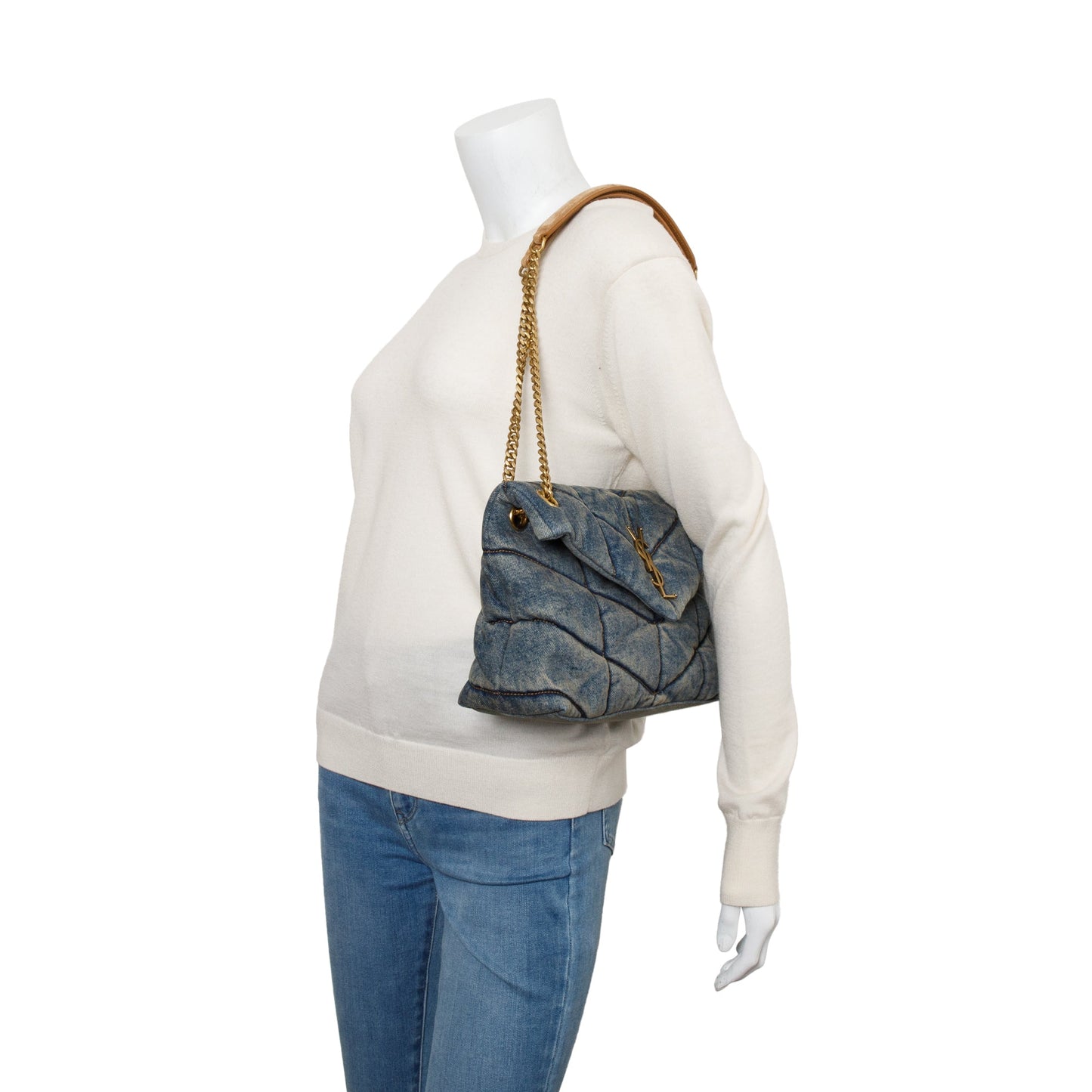 Saint Laurent Quilted Blue Denim Monogram Small Loulou Puffer Chain Satchel