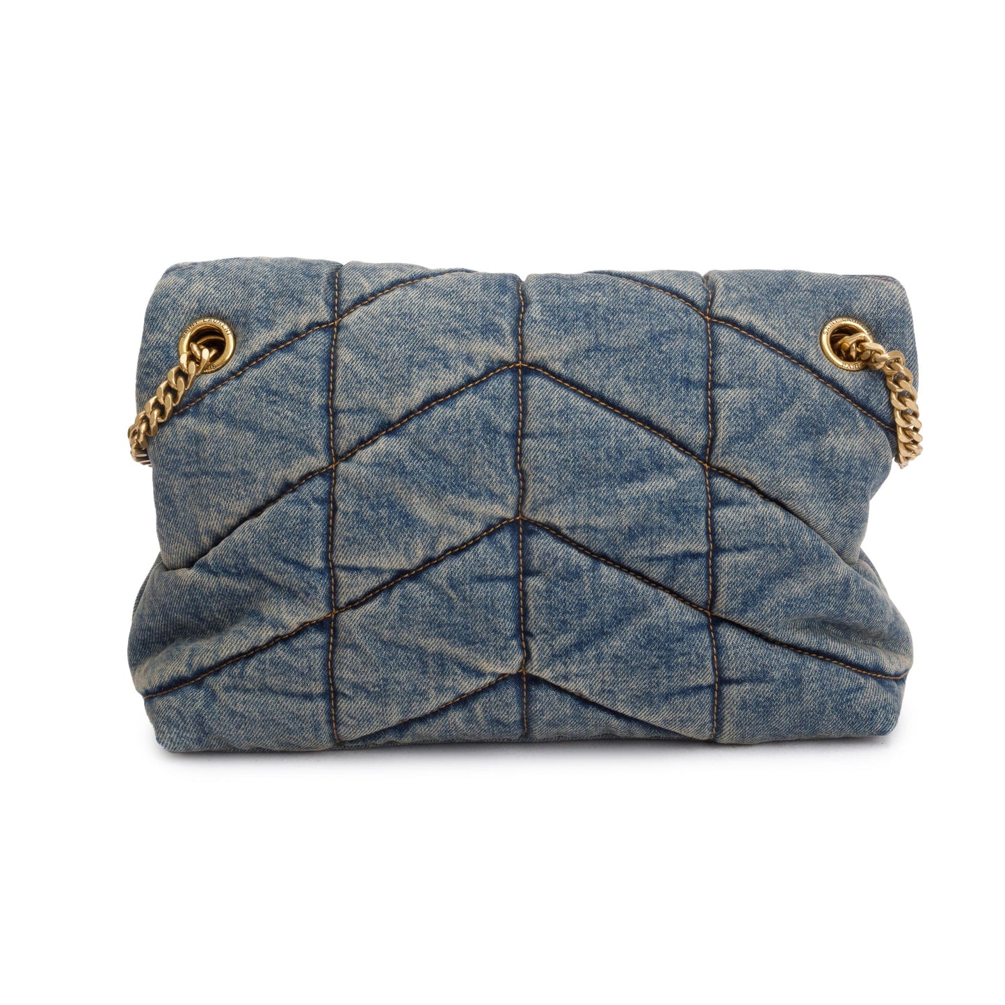 Saint Laurent Quilted Blue Denim Monogram Small Loulou Puffer Chain Satchel