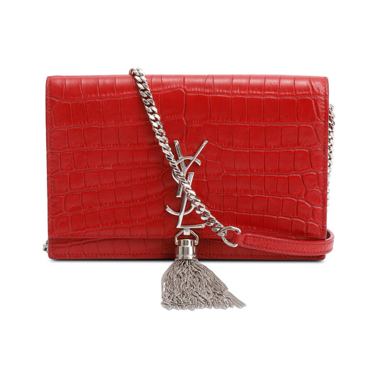 Saint Laurent Red Croc Embossed Leather Kate Tassel Wallet on Chain