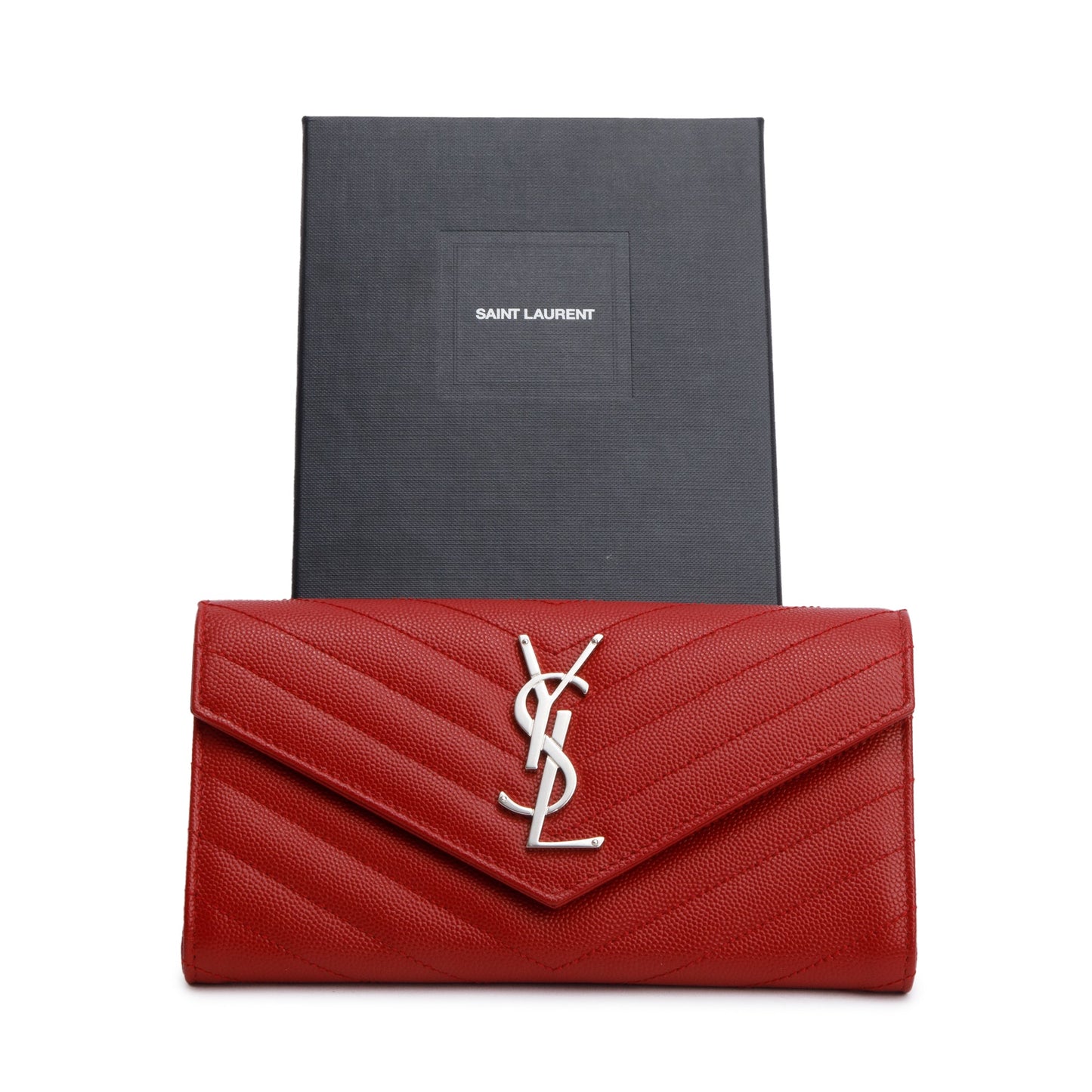 Saint Laurent Red Grain De Poudre Cassandre Matelasse Large Flap Wallet