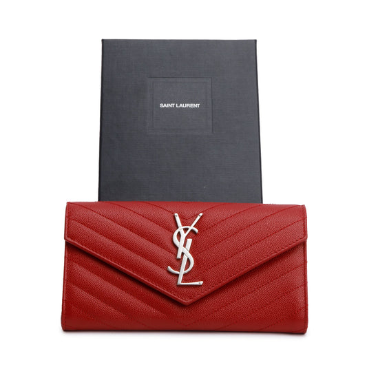 Saint Laurent Red Grain De Poudre Cassandre Matelasse Large Flap Wallet