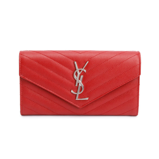 Saint Laurent Red Grain De Poudre Cassandre Matelasse Large Flap Wallet