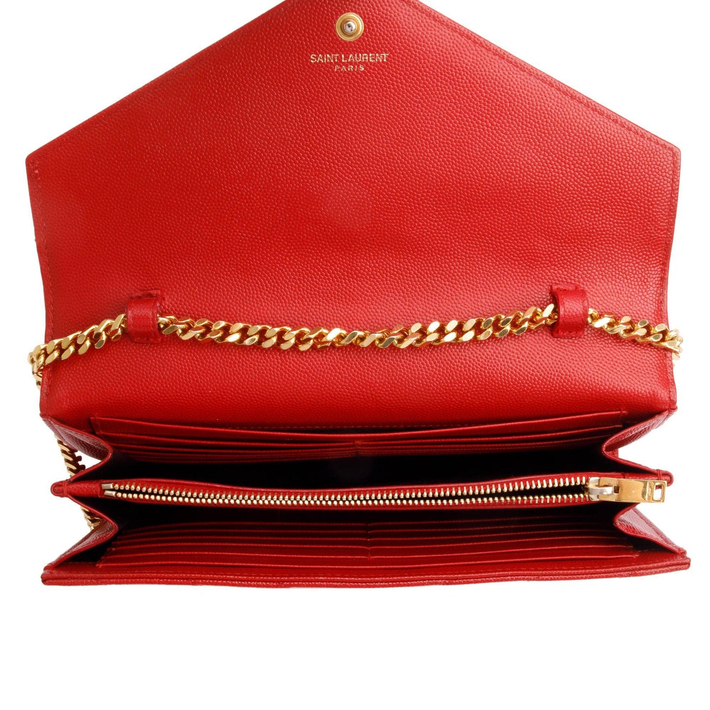 Saint Laurent Red Grain De Poudre Leather Cassandre Matelasse Chain Wallet