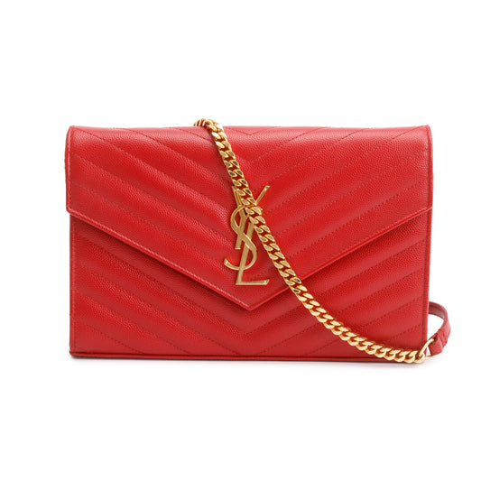 Saint Laurent Red Grain De Poudre Leather Cassandre Matelasse Chain Wallet