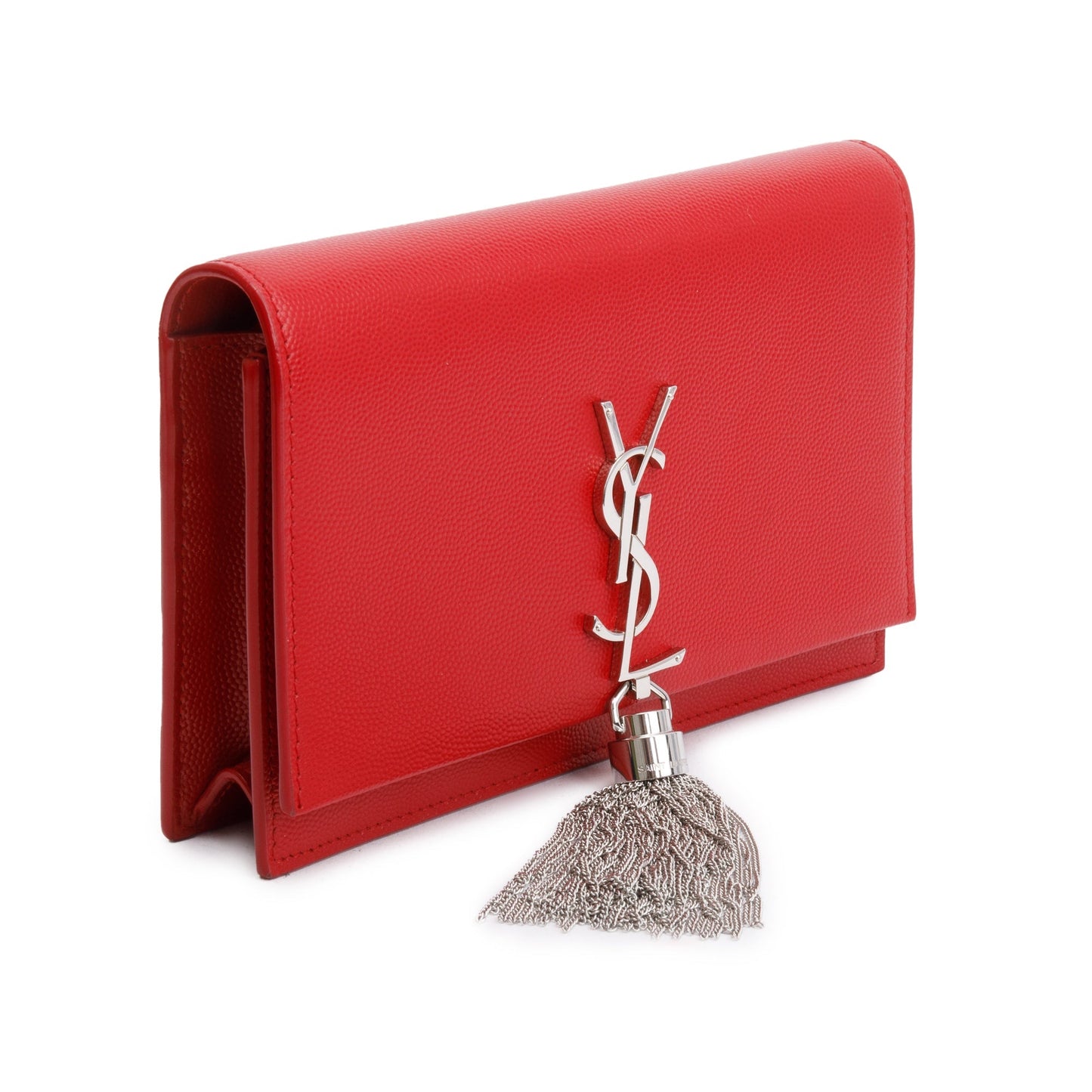 Saint Laurent Red Grain De Poudre Leather Kate Tassel Wallet on Chain
