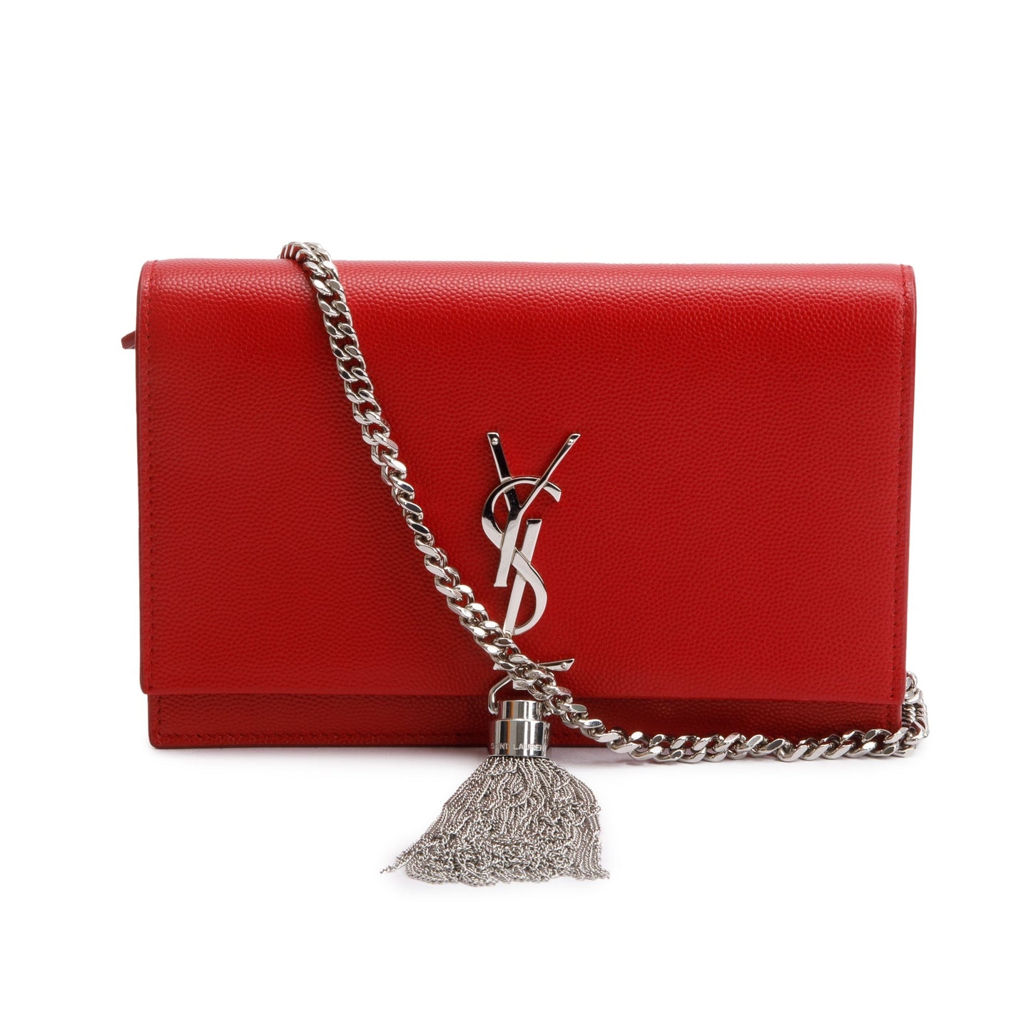 Saint Laurent Red Grain De Poudre Leather Kate Tassel Wallet on Chain