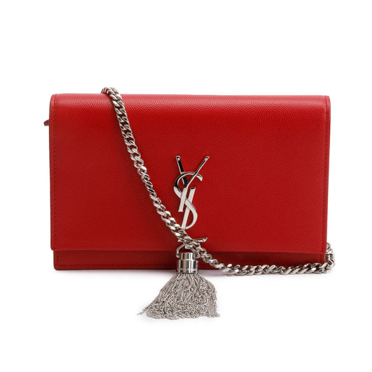 Saint Laurent Red Grain De Poudre Leather Kate Tassel Wallet on Chain
