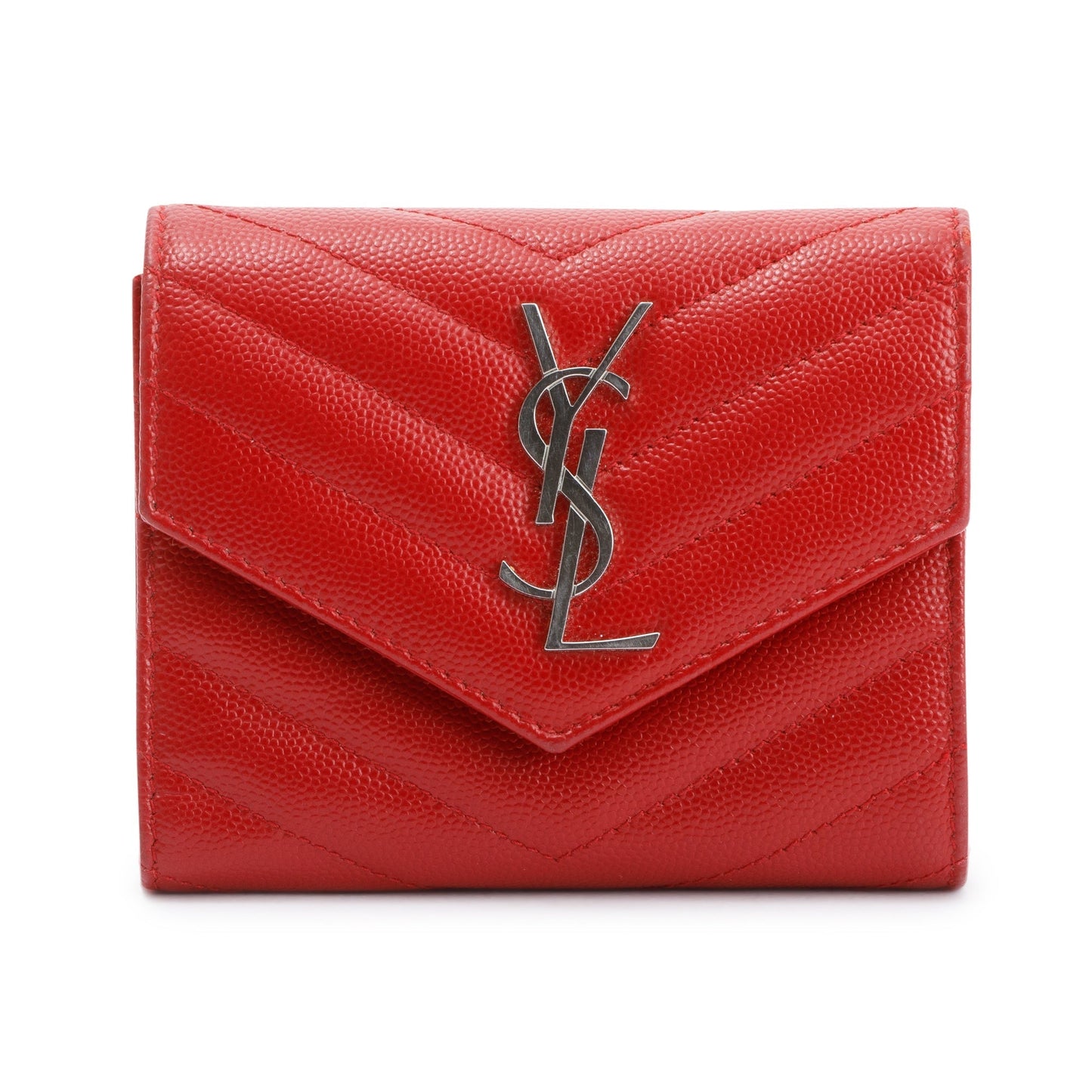 Saint Laurent Red Grain de Poudre Leather Cassandre Matelasse Compact Tri-Fold Wallet
