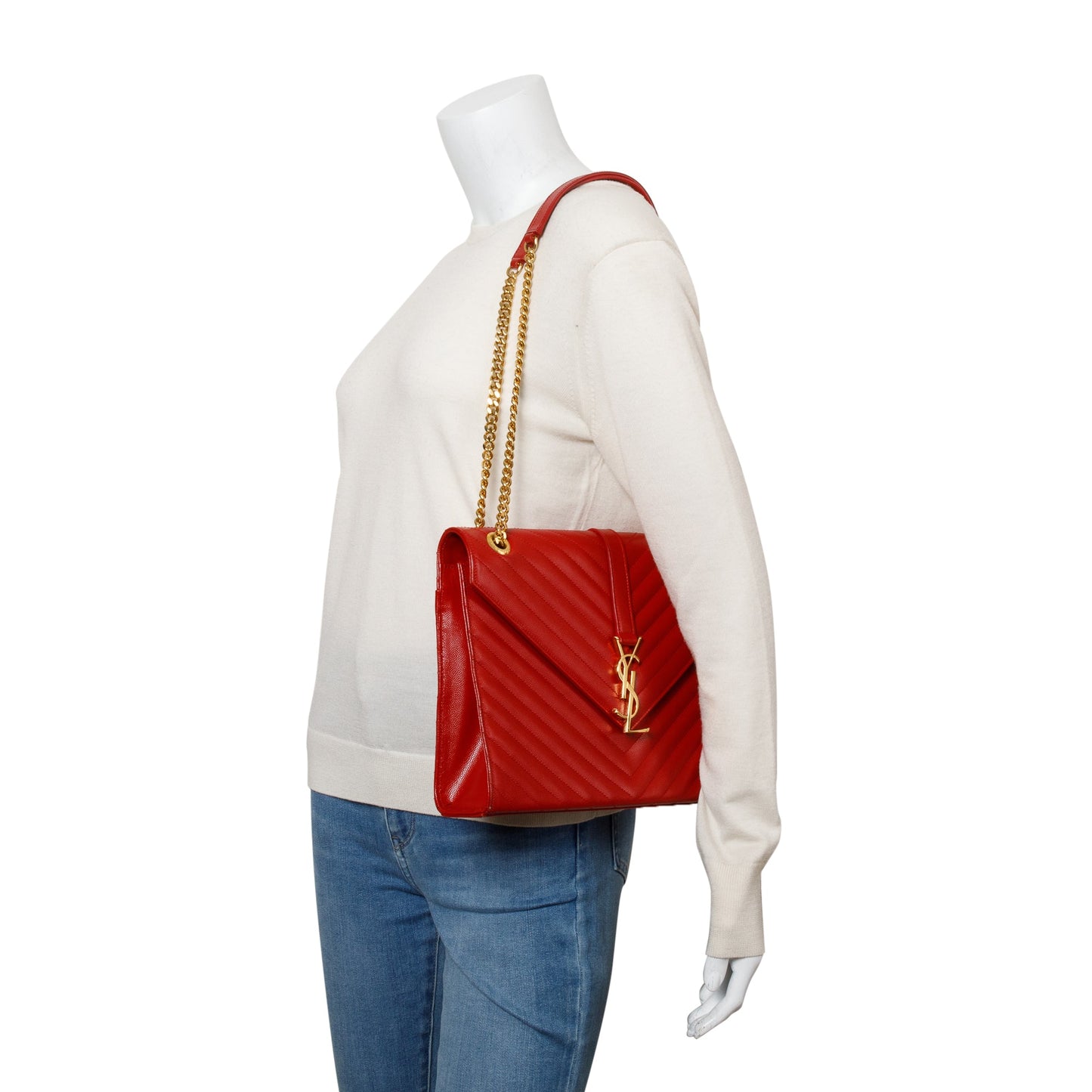 Saint Laurent Red Quilted Grain De Poudre Leather Large Envelope Chain Bag