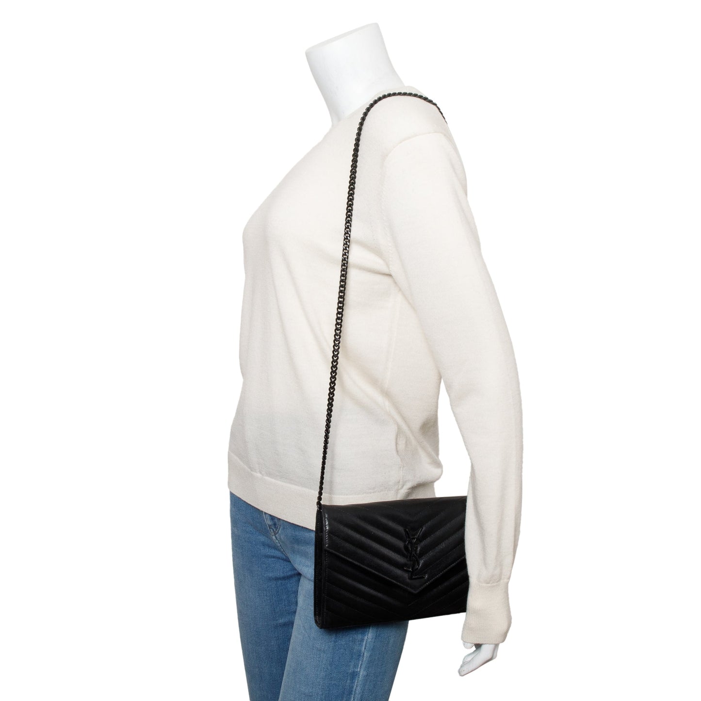 Saint Laurent So Black Grain De Poudre Leather Classic Cassandre Envelope Chain Wallet