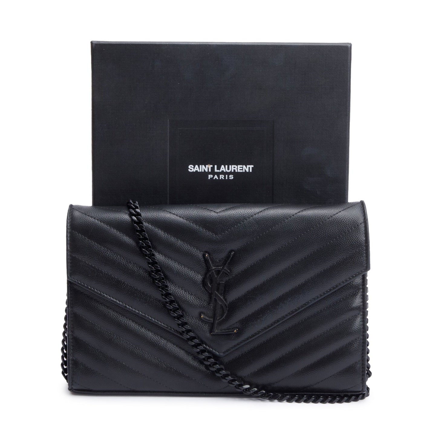 Saint Laurent So Black Grain De Poudre Leather Classic Cassandre Envelope Chain Wallet