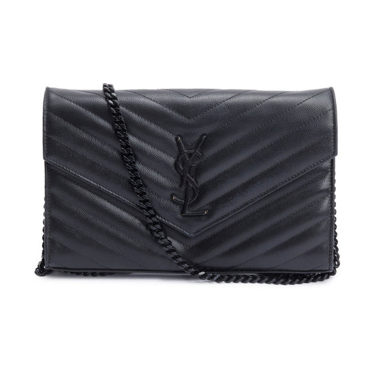 Saint Laurent So Black Grain De Poudre Leather Classic Cassandre Envelope Chain Wallet