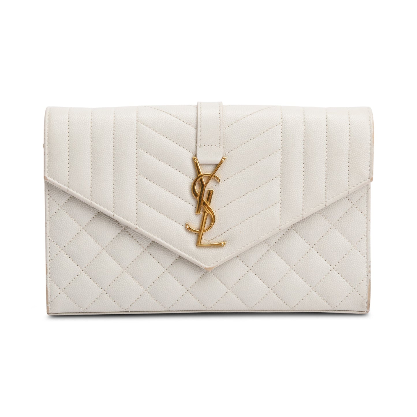 Saint Laurent White Mix Matelasse Grain De Poudre Leather Envelope Chain Wallet
