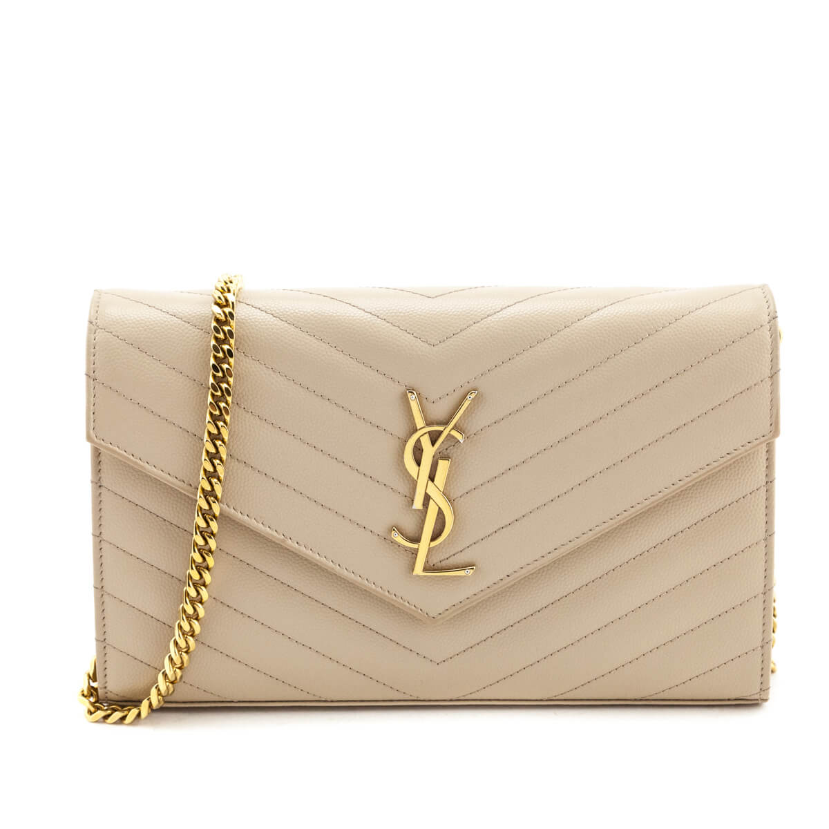 Luxury Saint Laurent Trending 2025 Beige Grain De Poudre Matelasse Chevron Monogram Chain Wallet