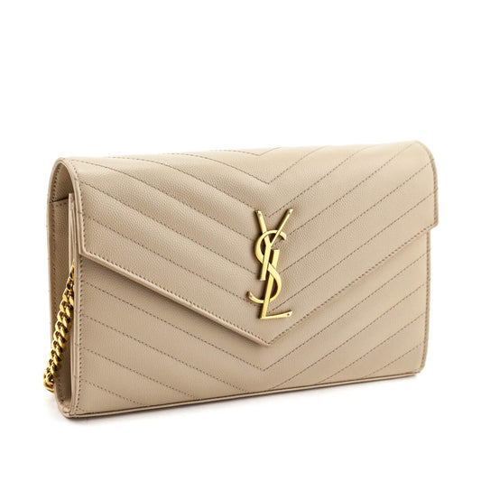 Luxury Saint Laurent Trending 2025 Beige Grain De Poudre Matelasse Chevron Monogram Chain Wallet