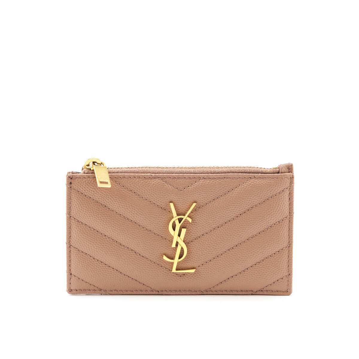 Luxury Saint Laurent Trending 2025 Beige Grain De Poudre Matelasse Chevron Monogram Fragments Zippered Card Case