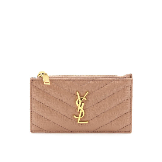 Luxury Saint Laurent Trending 2025 Beige Grain De Poudre Matelasse Chevron Monogram Fragments Zippered Card Case