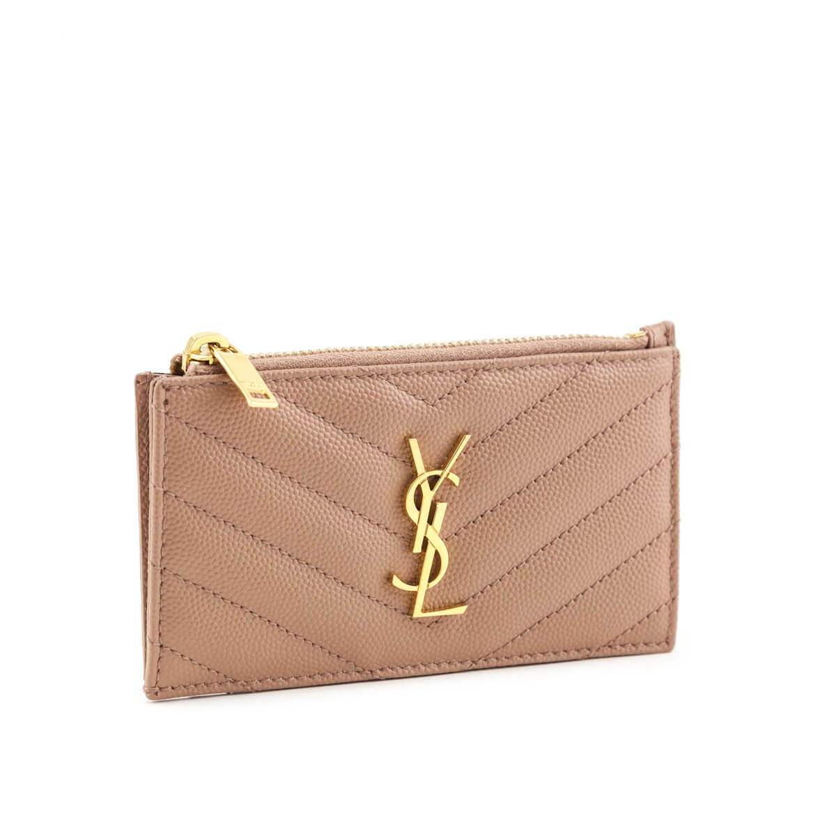 Luxury Saint Laurent Trending 2025 Beige Grain De Poudre Matelasse Chevron Monogram Fragments Zippered Card Case
