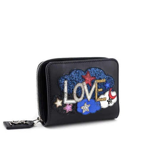 Luxury Saint Laurent Trending 2025 Black Calfskin Love Patch Zipped Compact Wallet