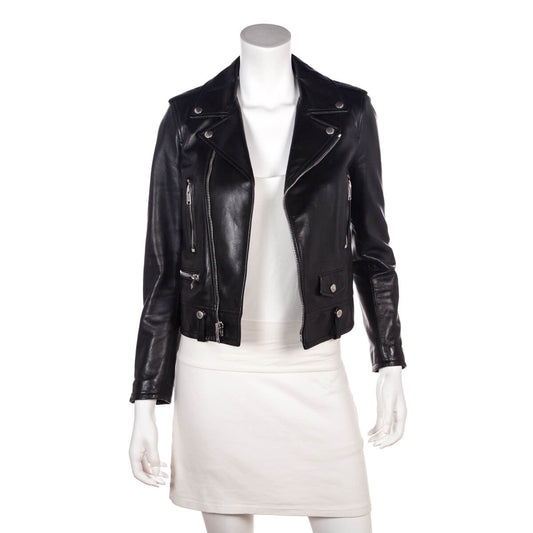 Luxury Saint Laurent Trending 2025 Black Lamb Leather Biker Jacket Size S | FR 38