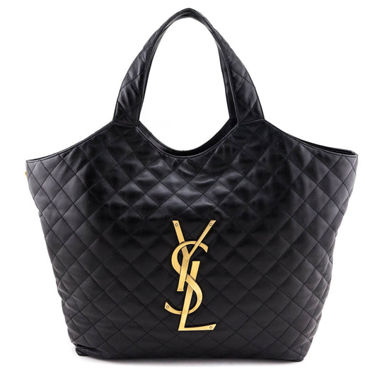 Luxury Saint Laurent Trending 2025 Black Lambskin Quilted Maxi Icare Shopping Tote