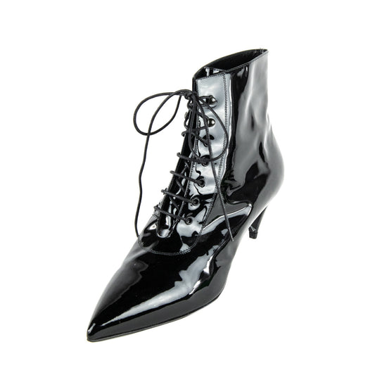 Luxury Saint Laurent Trending 2025 Black Patent Lace Up Ankle Boots Size US 11 | EU 41