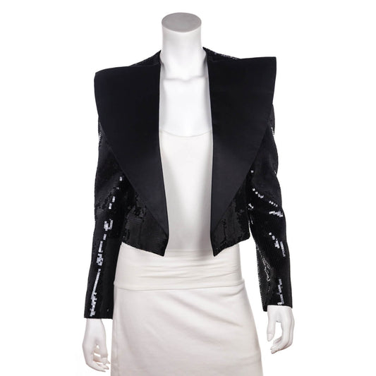 Luxury Saint Laurent Trending 2025 Black Satin & Sequin Jacket Size M | FR 38