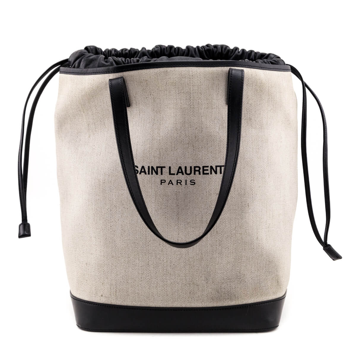 Luxury Saint Laurent Trending 2025 Ivory Canvas & Black Calfskin Teddy Drawstring Shopping Tote